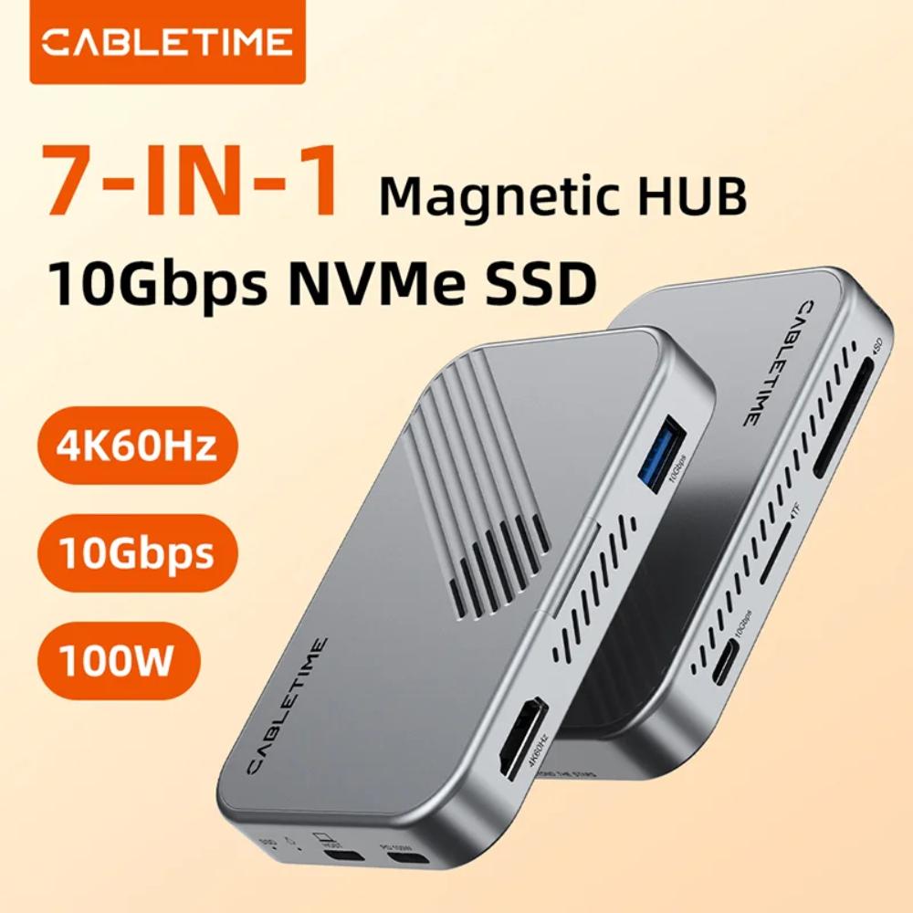 CABLETIME CB34S | 7-in-1 Magnetic USB-C Hub with NVMe SSD Enclosure | 4K60Hz HDMI | 10Gbps | 100W PD