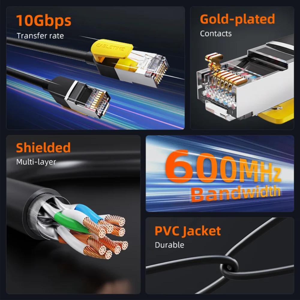 CABLETIME CN70 Cat 7 Ethernet Patch Cable | 10Gbps, 600MHz, S/STP Shielding, Gold-Plated Connectors (1M / 3M / 5M)
