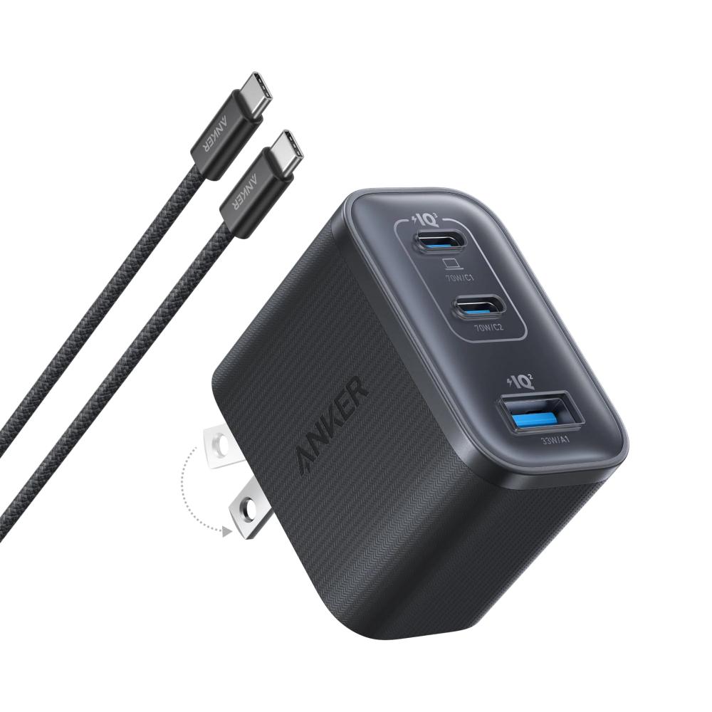 A121A - Anker Nano Charger 70W (3 Ports) | Dual USB-C + USB-A GaN Fast Charger | Model B121A (BLACK)
