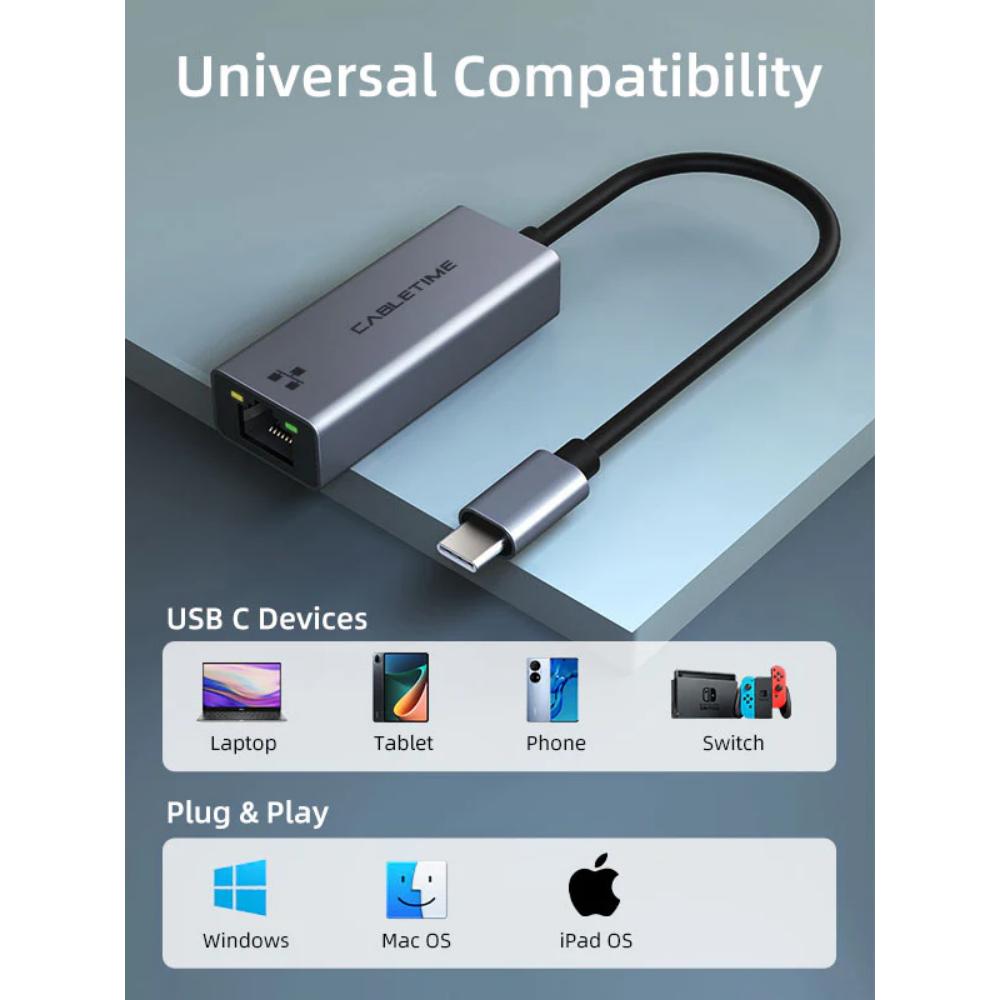 CABLETIME CB51G USB-C to Gigabit Ethernet Adapter | Thunderbolt 3/4 Compatible | 1000Mbps RJ45 LAN | Aluminum Shell | Plug & Play