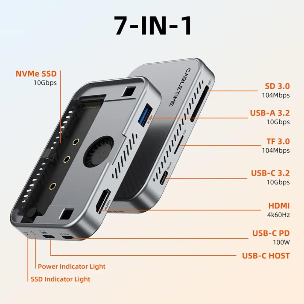 CABLETIME CB34S | 7-in-1 Magnetic USB-C Hub with NVMe SSD Enclosure | 4K60Hz HDMI | 10Gbps | 100W PD