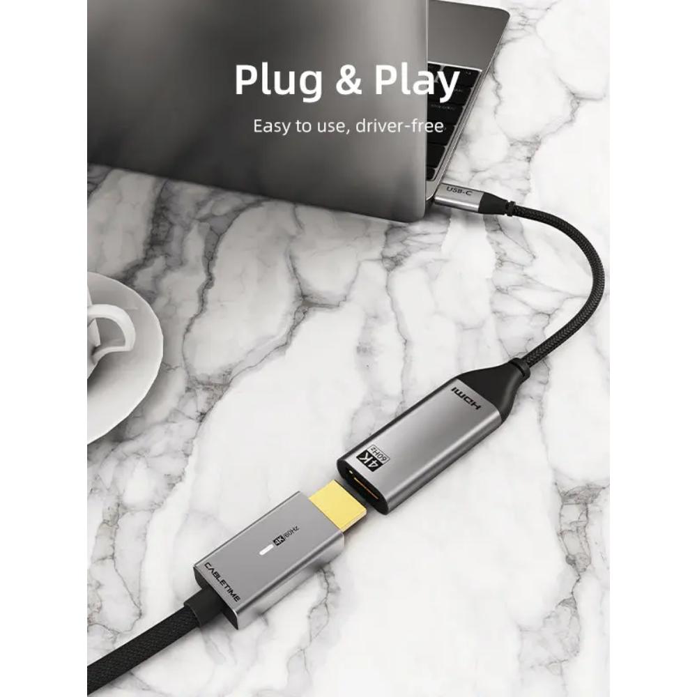CABLETIME CP10B USB-C to HDMI Adapter | 4K 60Hz UHD Video | USB-C 3.1 to HDMI 2.0 | Aluminum Braided Cable | Plug & Play