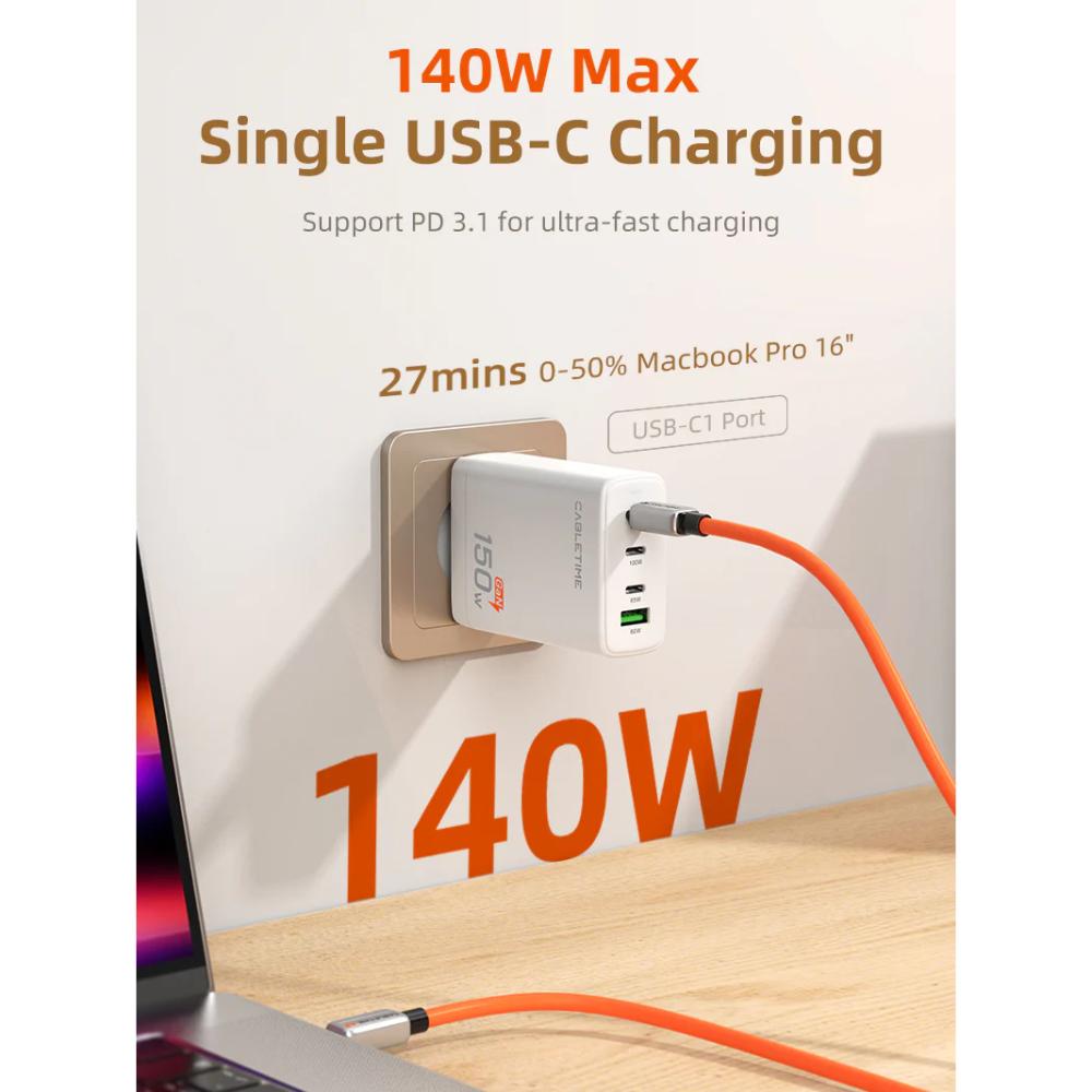CABLETIME 150W 4-Port GaN USB-C Wall Charger (G150W)