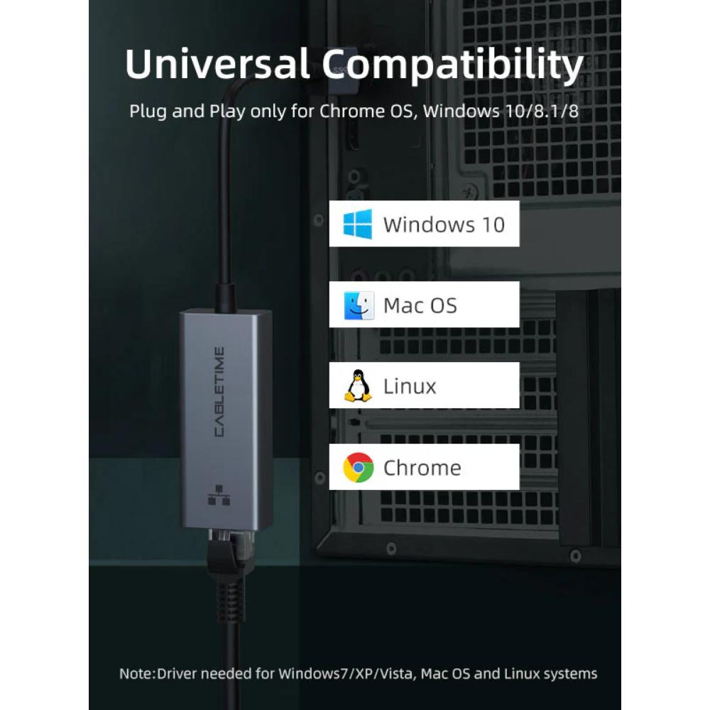 CABLETIME CB50G - USB 3.0 to Gigabit Ethernet Adapter (1000Mbps RJ45)