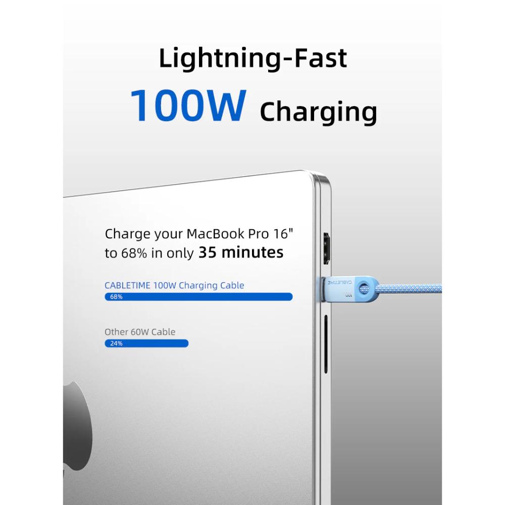 CABLETIME CUP1H 100W USB C to USB C Fast Charger Cable Braided for iPhone