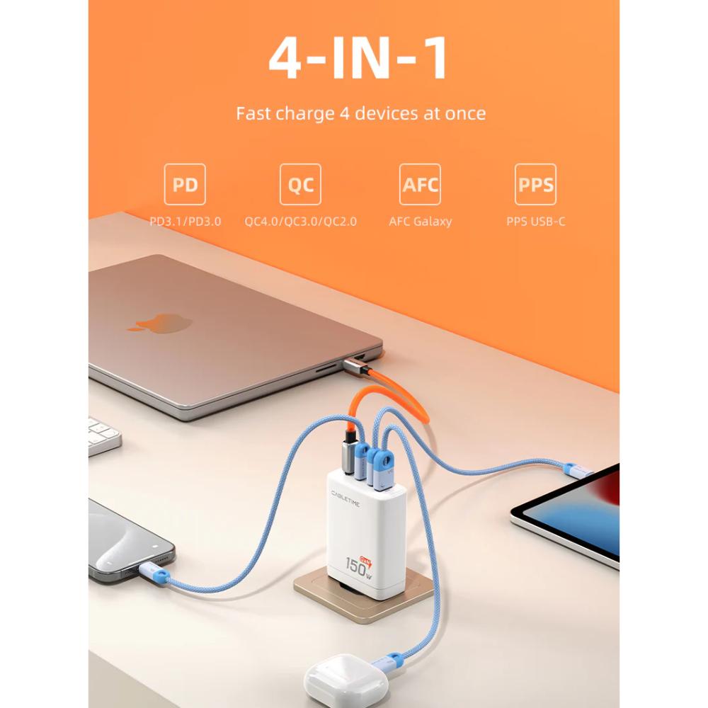 CABLETIME 150W 4-Port GaN USB-C Wall Charger (G150W)