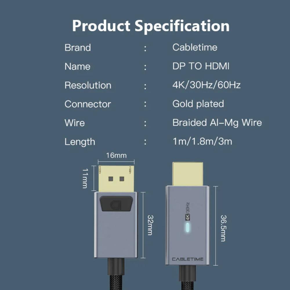 CABLETIME CD30K DisplayPort to HDMI Cable | 4K 60Hz UHD | DP to HDMI Converter Cable (1.8M)