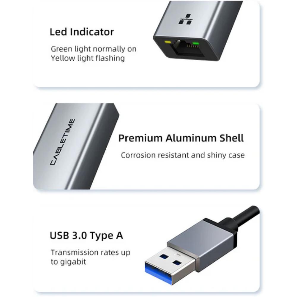 CABLETIME CB50G - USB 3.0 to Gigabit Ethernet Adapter (1000Mbps RJ45)