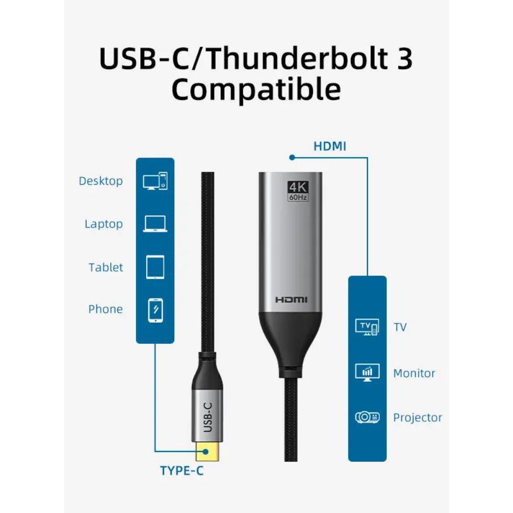 CABLETIME CP10B USB-C to HDMI Adapter | 4K 60Hz UHD Video | USB-C 3.1 to HDMI 2.0 | Aluminum Braided Cable | Plug & Play