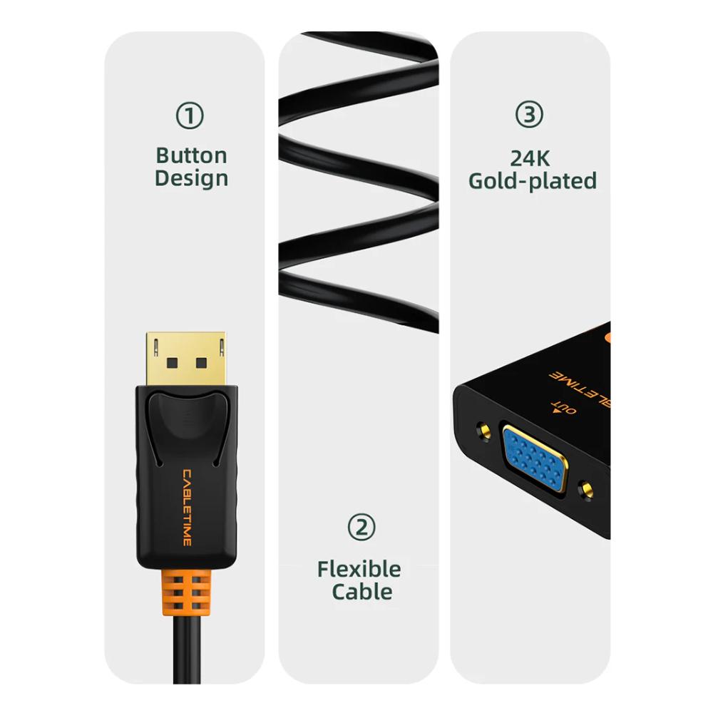 CABLETIME CP25B DisplayPort (DP) to VGA Adapter | 1080P 60Hz Full HD Output | Secure Latch Design | Plug-and-Play Connectivity