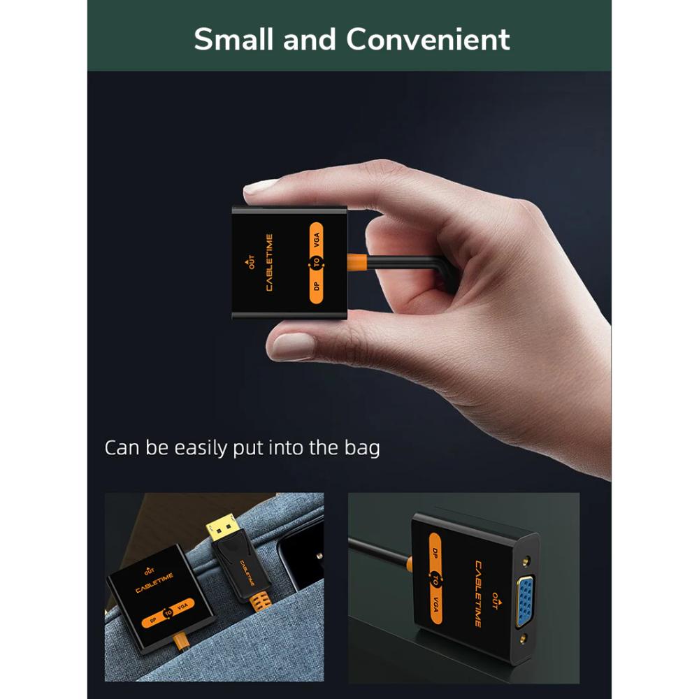 CABLETIME CP25B DisplayPort (DP) to VGA Adapter | 1080P 60Hz Full HD Output | Secure Latch Design | Plug-and-Play Connectivity