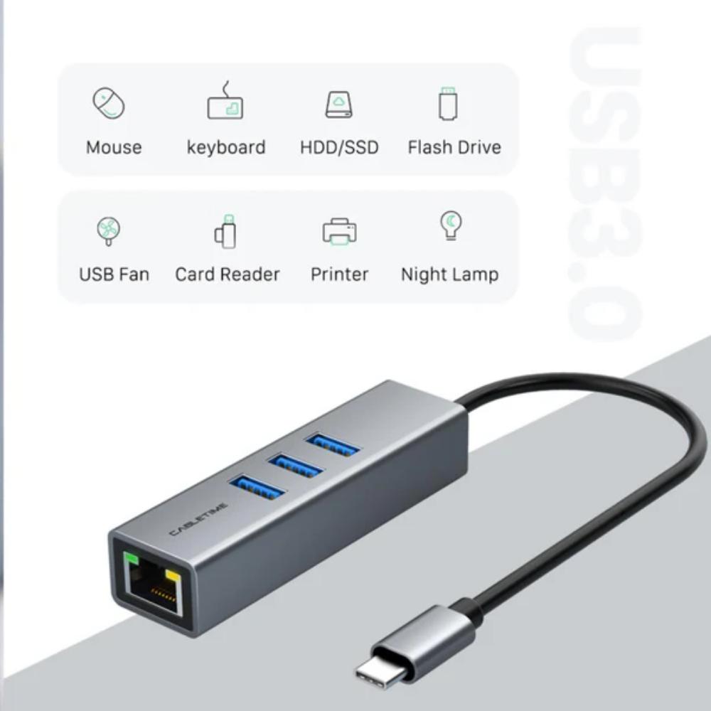 CABLETIME CB54G | CABLETIME USB-C 3-Port Hub with Gigabit Ethernet