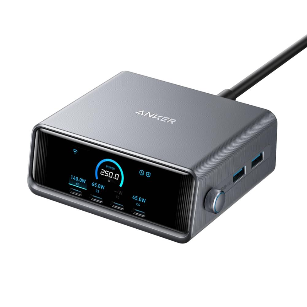 A2345 –  Anker Prime Charger (250W, 6 Ports, GaNPrime) – Smart Desktop Charging Station with LCD Display & 140W USB-C