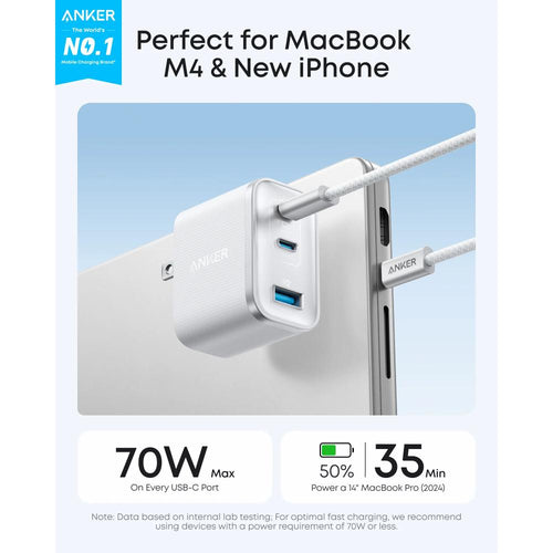 A121A - Anker Nano Charger 70W GaN Fast Charger (3 Ports) | Dual USB-C + USB-A | Compact Foldable Design