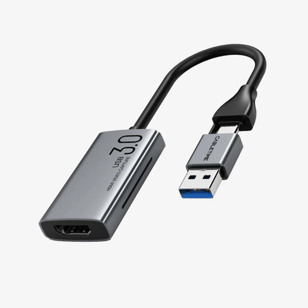 CABLETIME CB65G USB A+C to HDMI Video Capture Card | 1080P60Hz Output | 4K Input | Dual USB Interface | Aluminum Alloy Shell