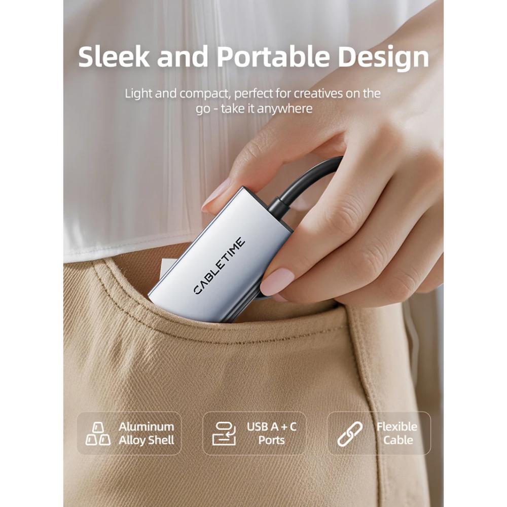 CABLETIME CB65G USB A+C to HDMI Video Capture Card | 1080P60Hz Output | 4K Input | Dual USB Interface | Aluminum Alloy Shell