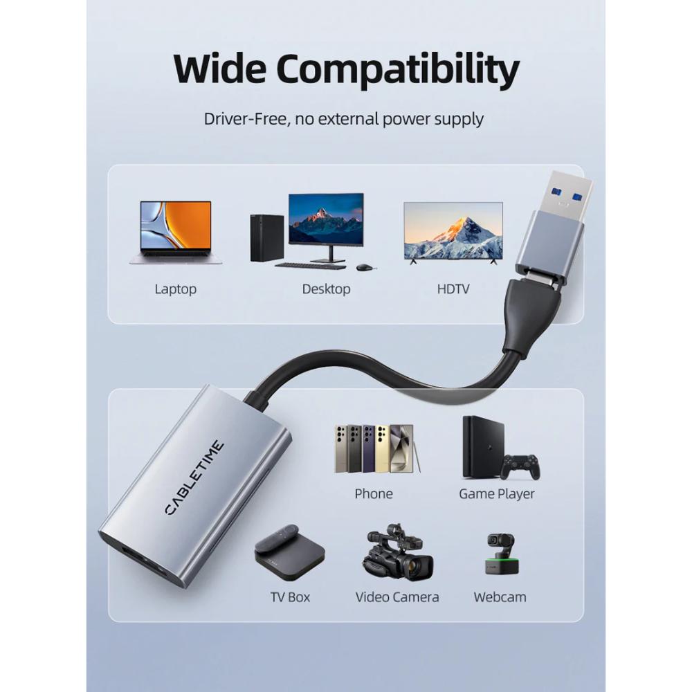 CABLETIME CB65G USB A+C to HDMI Video Capture Card | 1080P60Hz Output | 4K Input | Dual USB Interface | Aluminum Alloy Shell