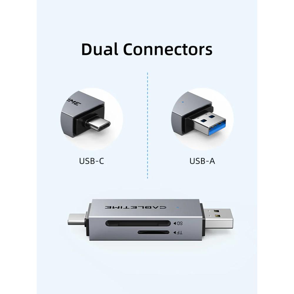 CABLETIME CD40G USB-C & USB-A SD/TF Card Reader | Dual Interface | 104MB/s High-Speed Data Transfer | Aluminum Alloy Shell