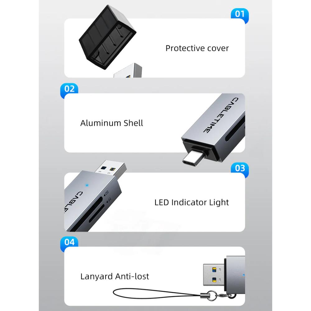 CABLETIME CD40G USB-C & USB-A SD/TF Card Reader | Dual Interface | 104MB/s High-Speed Data Transfer | Aluminum Alloy Shell