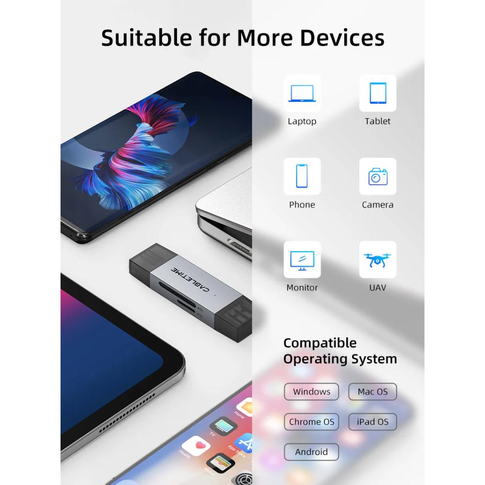 CABLETIME CD40G USB-C & USB-A SD/TF Card Reader | Dual Interface | 104MB/s High-Speed Data Transfer | Aluminum Alloy Shell