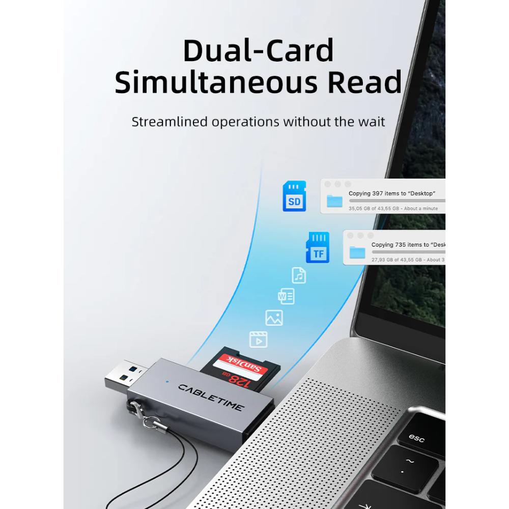CABLETIME CD40G USB-C & USB-A SD/TF Card Reader | Dual Interface | 104MB/s High-Speed Data Transfer | Aluminum Alloy Shell