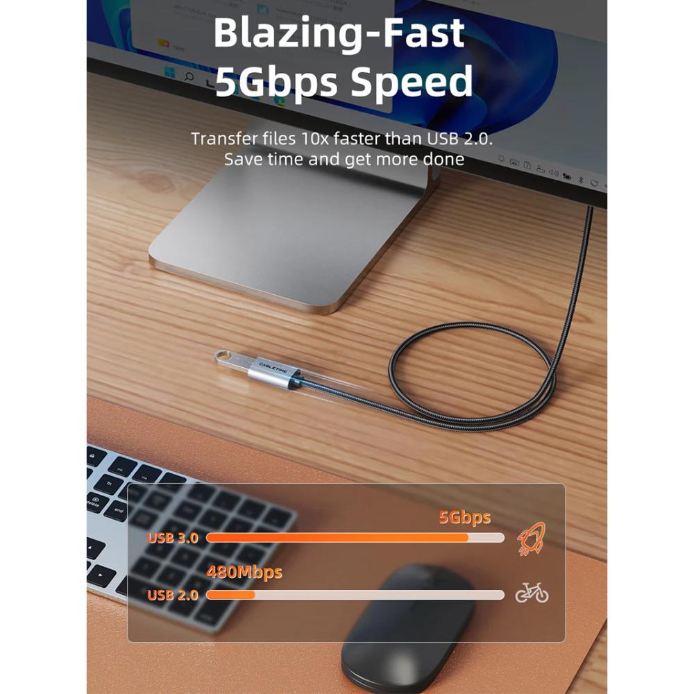 CABLETIME CA17 USB 3.0 A Male to Female Extension Cable | 5Gbps High-Speed Braided USB Extender