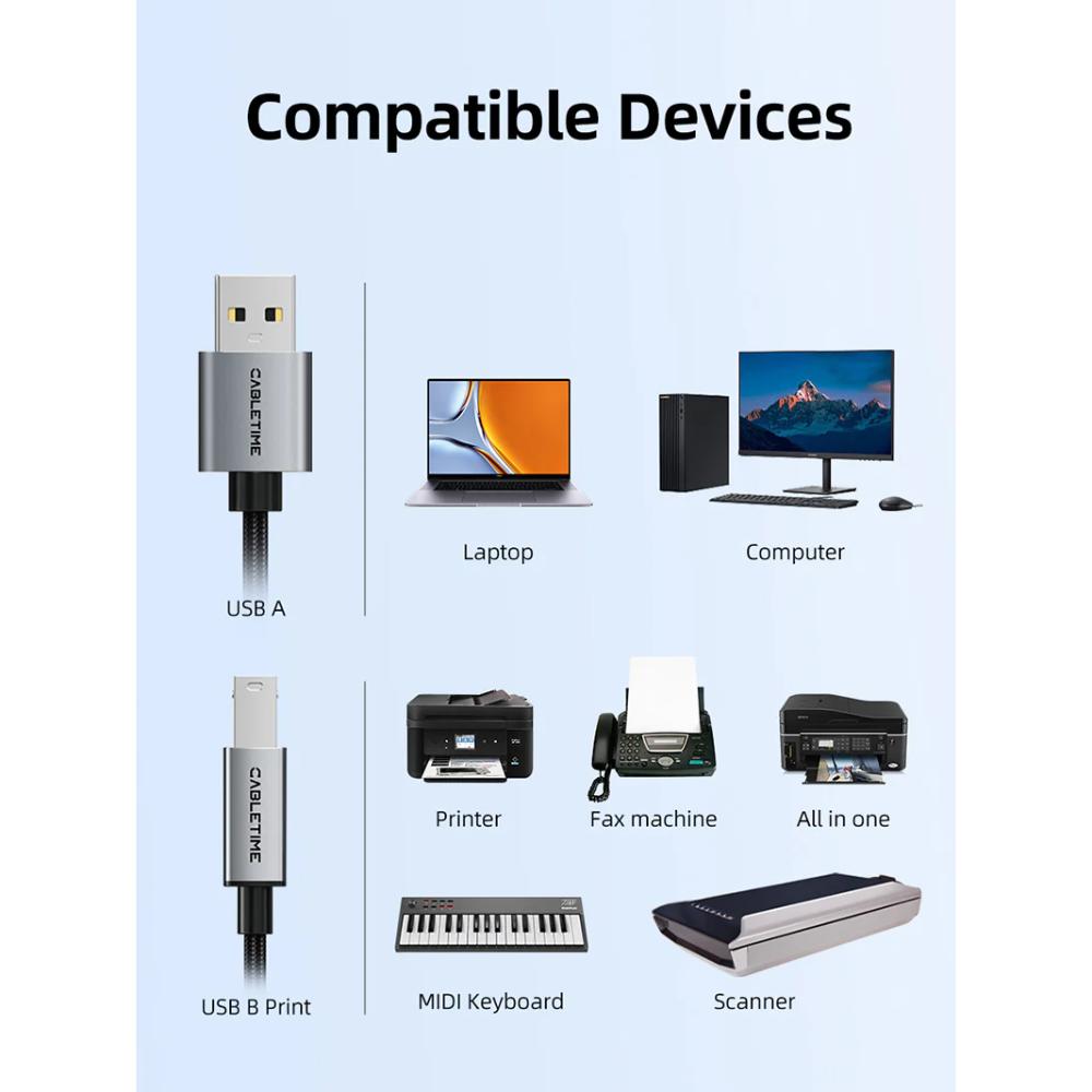 CABLETIME CA15L USB 2.0 A to B Printer Cable | 480Mbps High-Speed | Braided Durable Cable