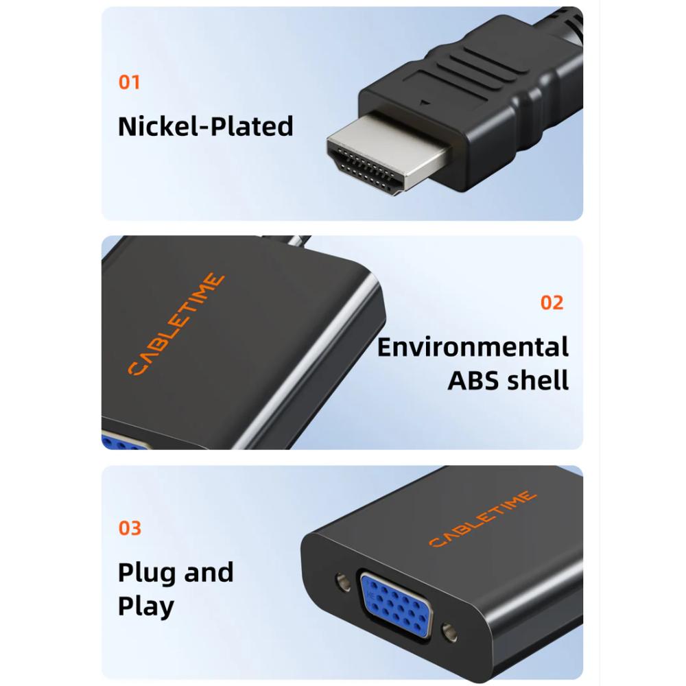 CABLETIME CP52B HDMI Male to VGA Female Adapter | 1080P FULL HD