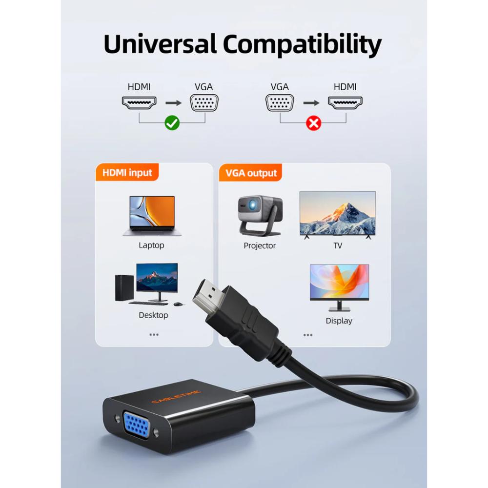 CABLETIME CP52B HDMI Male to VGA Female Adapter | 1080P FULL HD