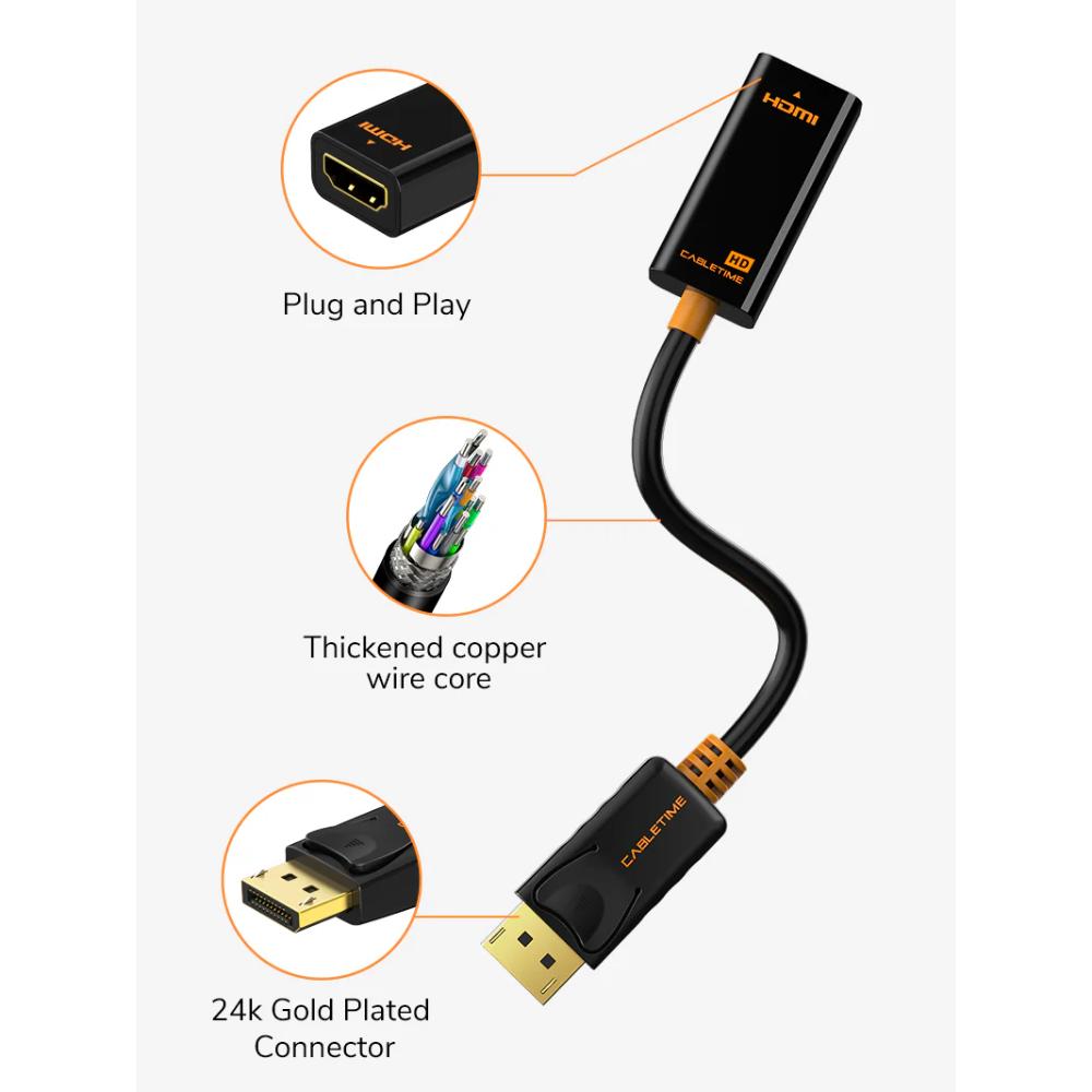 CABLETIME CP22B DisplayPort (DP) to HDMI Adapter | 1080P 60Hz | DP Male to HDMI Female Converter | Gold-Plated | Plug & Play