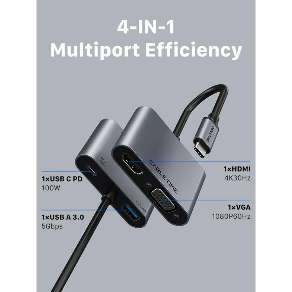 CABLETIME CB41G | USB Type-C to HDMI + VGA Adapter – 4-in-1 Hub with 100W Power Delivery