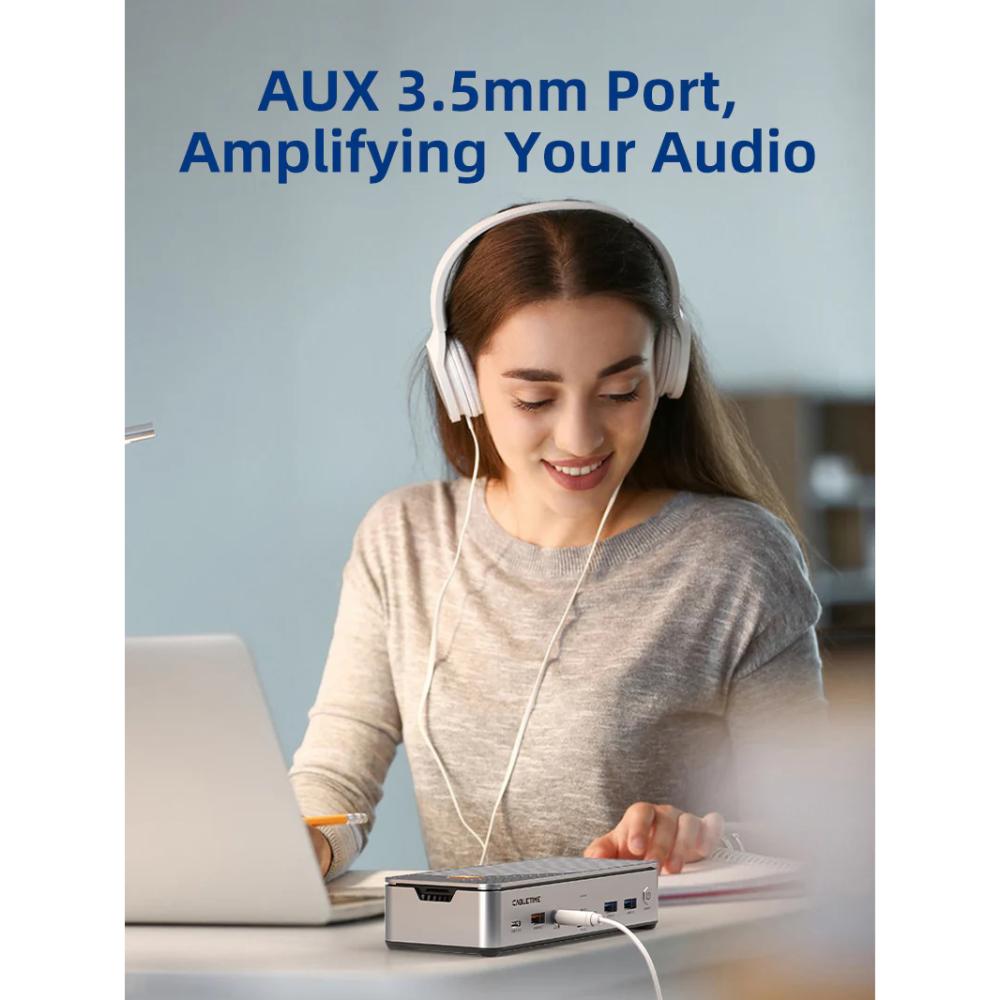 CABLETIME CB14S | 15-in-1 USB-C Docking Station with NVMe SSD Enclosure, Triple Display (2×HDMI + DP), 8K@30Hz, 10Gbps Data, 2.5Gbps LAN, 100W PD