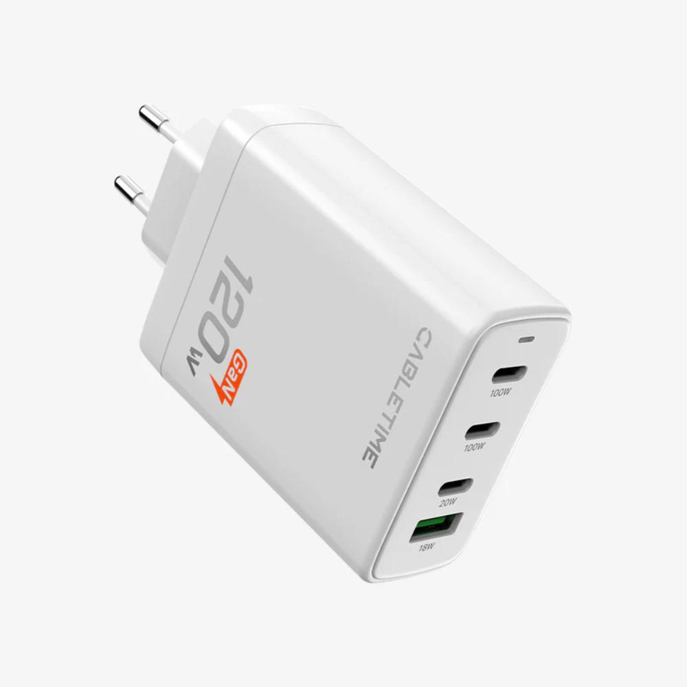 CABLETIME G120W 120W 4-Port GaN USB-C Wall Charger | 3× USB-C + 1× USB-A | 100W PD | EU Plug | Fast Charging for Laptop & Mobile