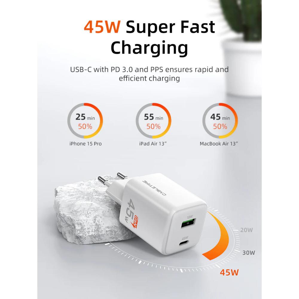 CABLETIME GA45W | 45W USB-C & USB-A Dual GaN Wall Charger – Fast PD Charging