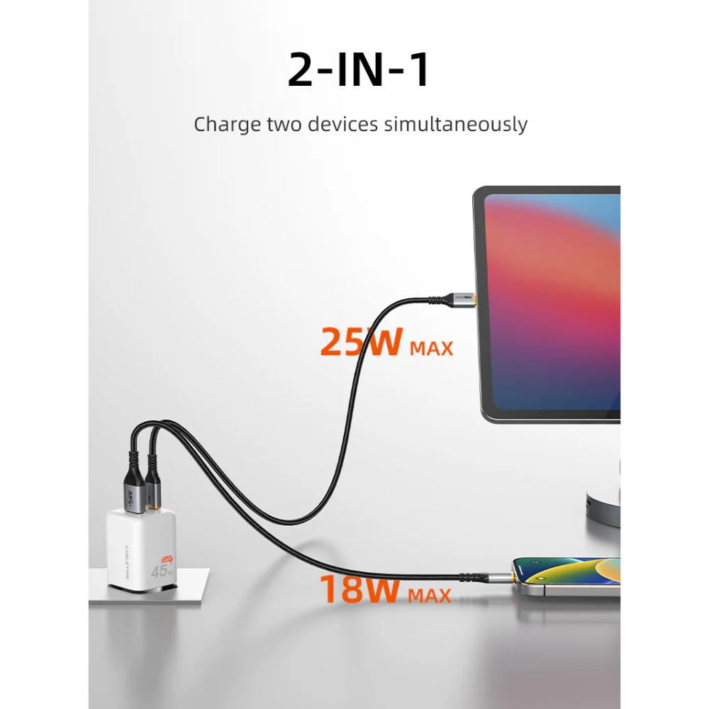 CABLETIME GA45W | 45W USB-C & USB-A Dual GaN Wall Charger – Fast PD Charging