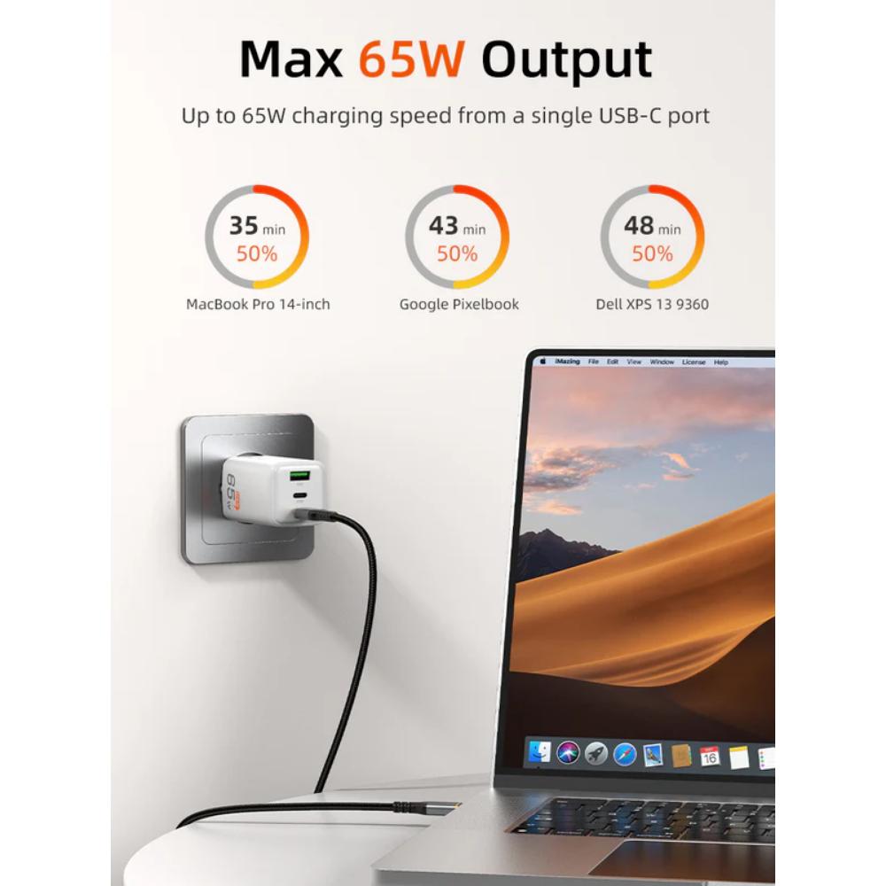 CABLETIME GA65W | Portable 65W GaN USB-C Charger – 3-Port Fast Wall Charger