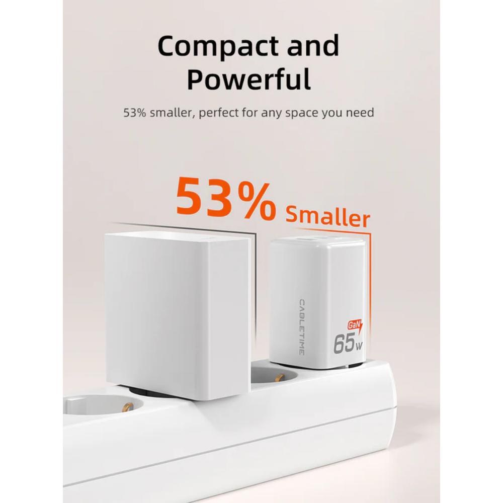 CABLETIME GA65W | Portable 65W GaN USB-C Charger – 3-Port Fast Wall Charger