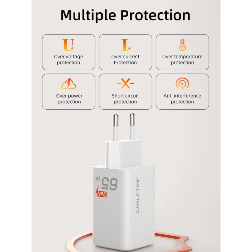 CABLETIME GA65W | Portable 65W GaN USB-C Charger – 3-Port Fast Wall Charger