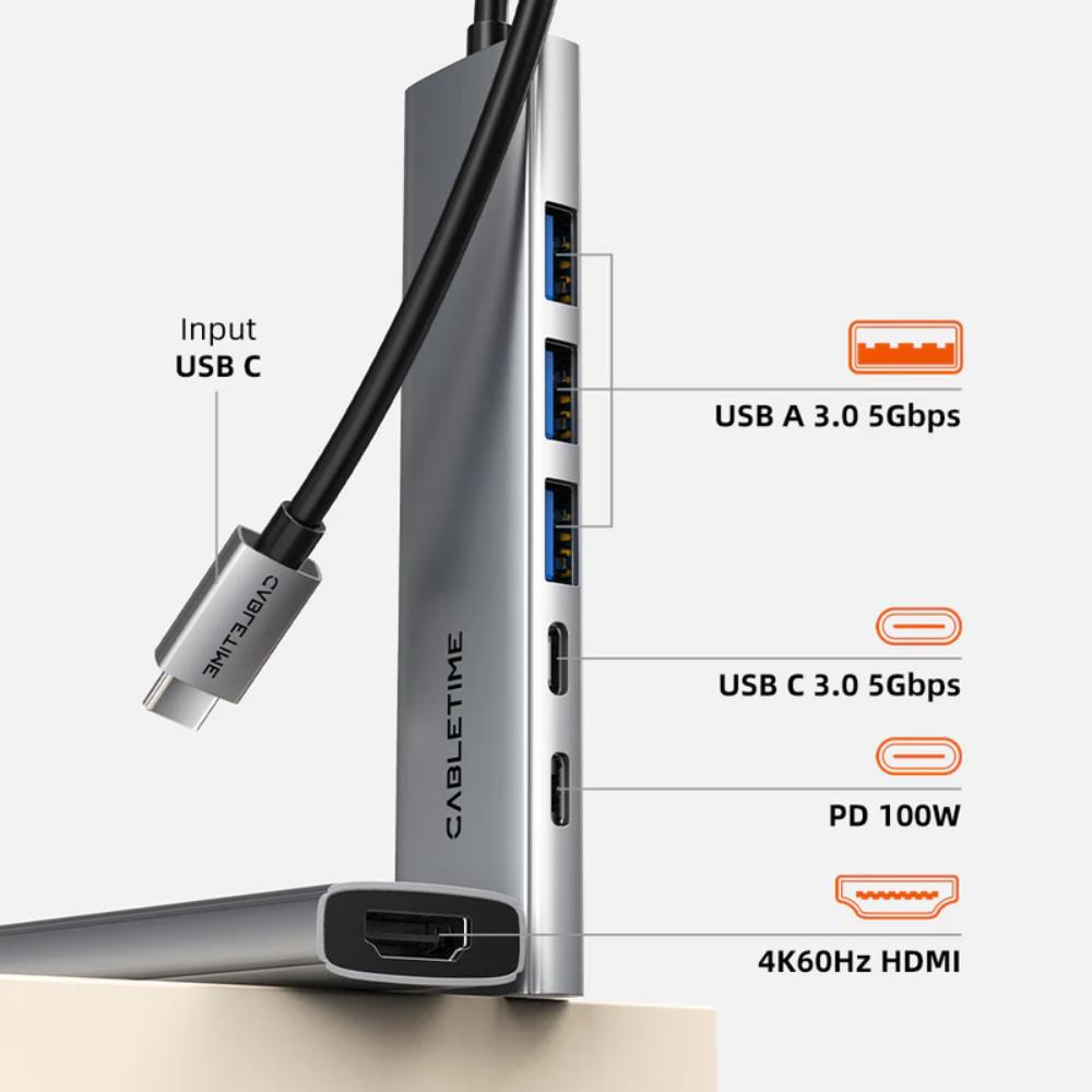 CABLETIME HB01G | 6-in-1 USB-C Hub | 4K HDMI | 100W PD | USB 3.0 Multiport Adapter