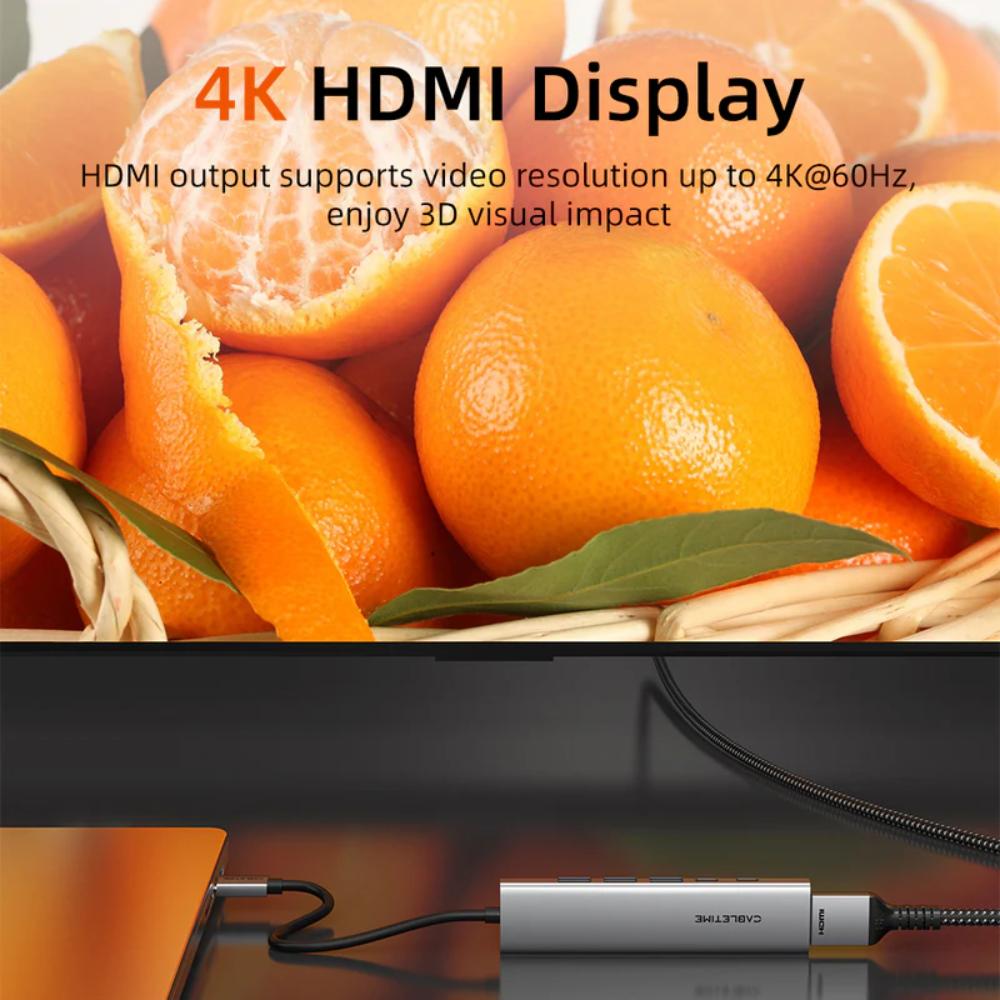 CABLETIME HB01G | 6-in-1 USB-C Hub | 4K HDMI | 100W PD | USB 3.0 Multiport Adapter