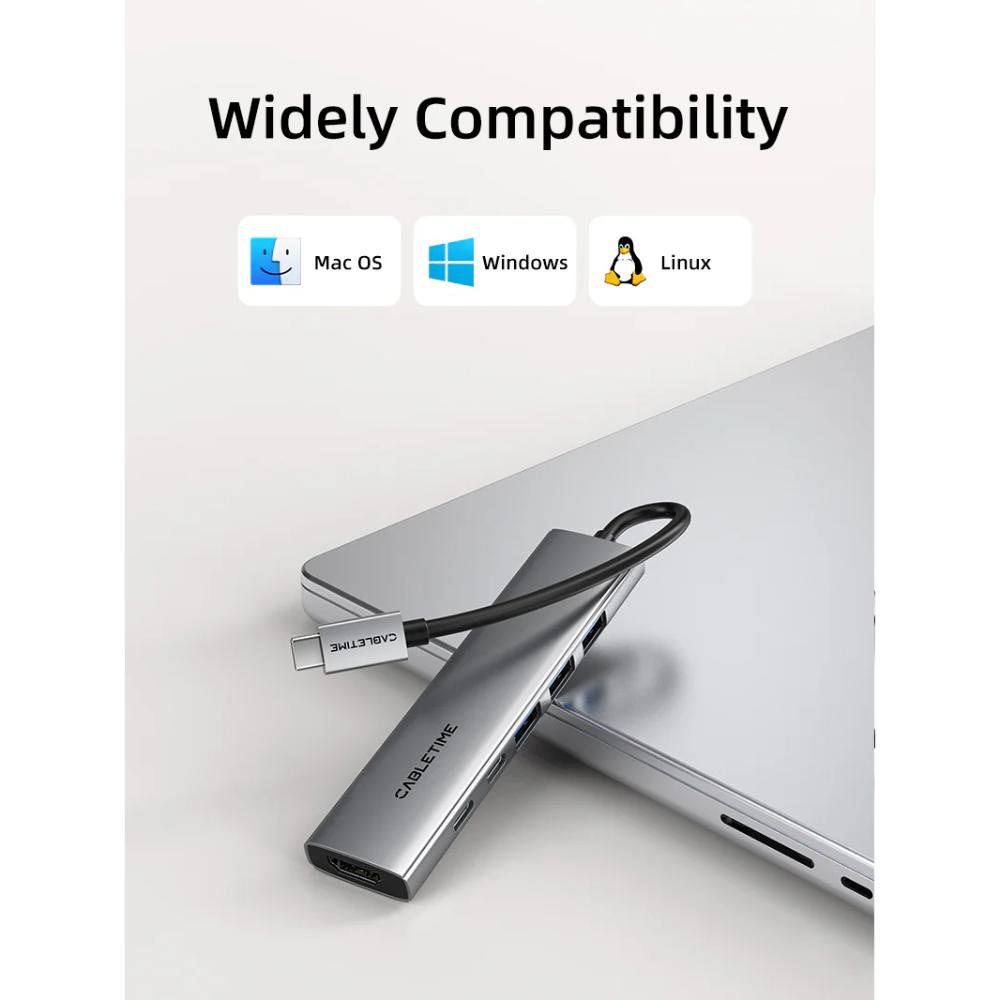 CABLETIME HB01G | 6-in-1 USB-C Hub | 4K HDMI | 100W PD | USB 3.0 Multiport Adapter