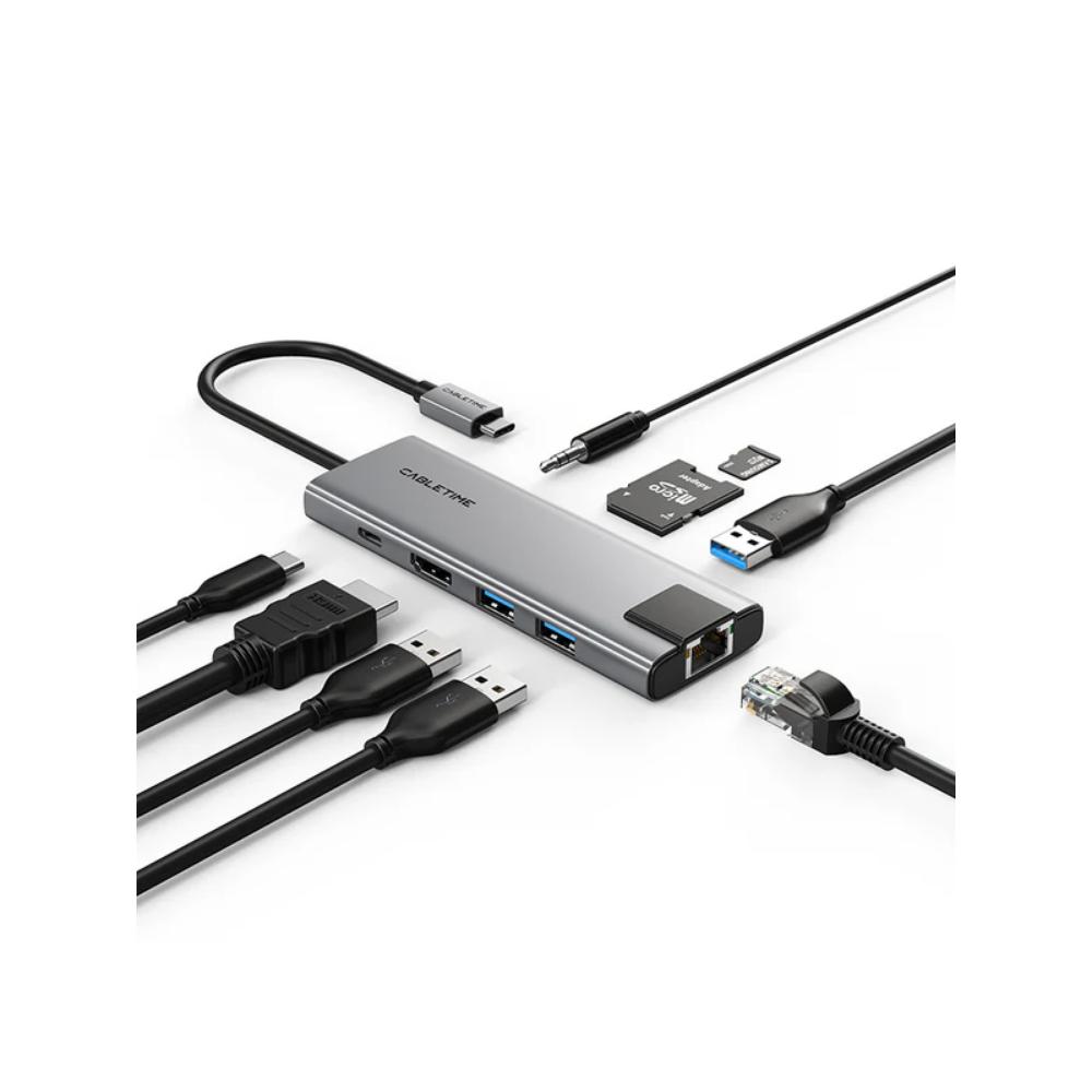 CABLETIME HB03G | 9-in-1 USB-C Hub with 4K HDMI, Charging, Ethernet & Audio Jack