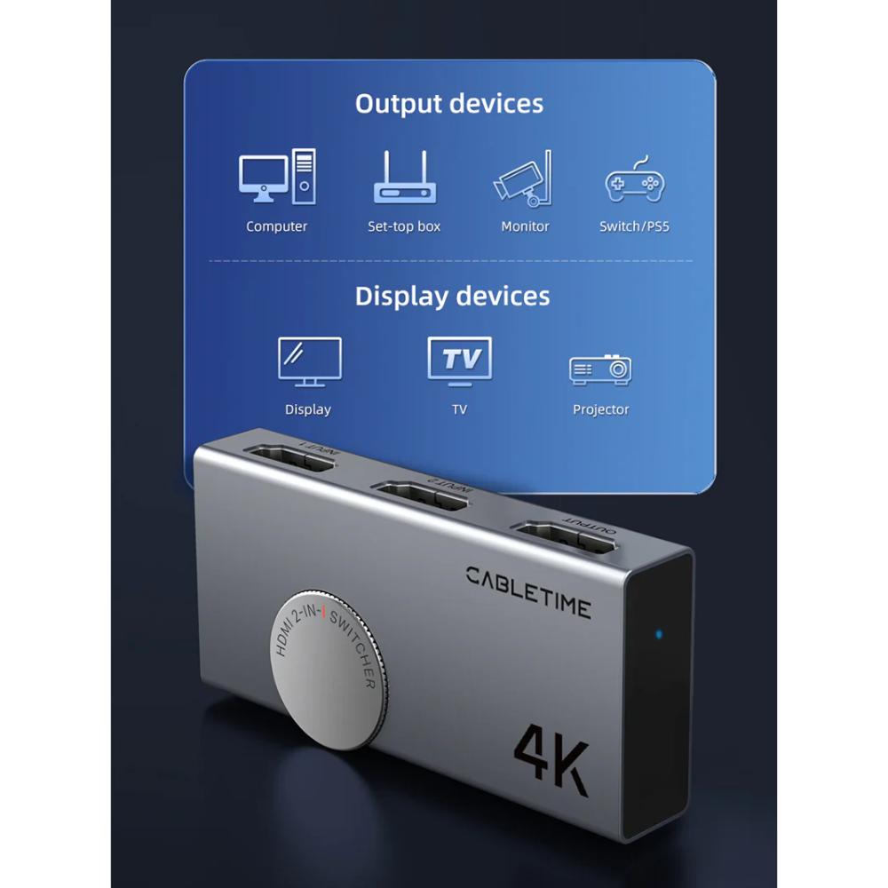 CABLETIME CP37G | 4K 60Hz HDMI 2.0 Switch | Bi-Directional 2 In 1 Out / 1 In 2 Out | Aluminum Alloy, Plug & Play