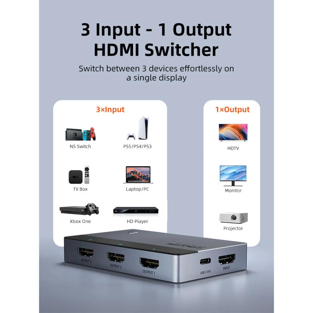 CABLETIME CP35G 3-Port HDMI Switcher 3-In-1-Out with Remote