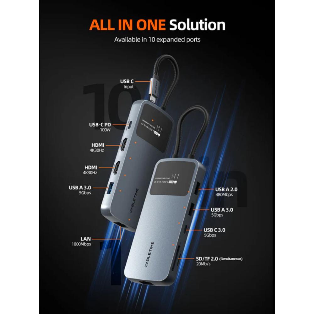 CABLETIME CB83G | USB-C Dual HDMI 4K Docking Station with Ethernet & 100W PD