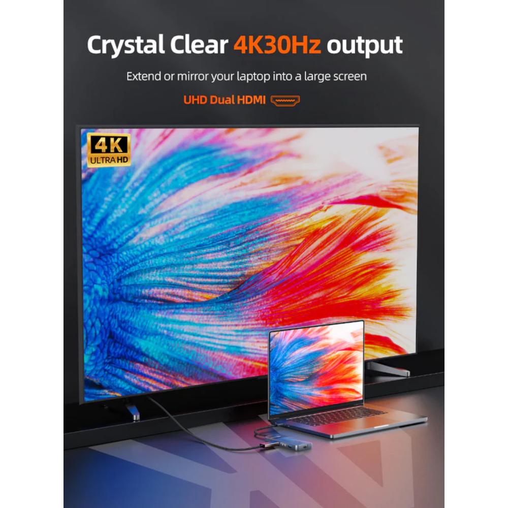 CABLETIME CB83G | USB-C Dual HDMI 4K Docking Station with Ethernet & 100W PD