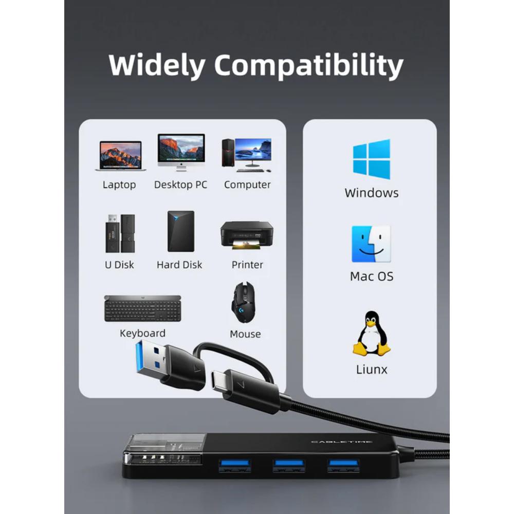 CABLETIME CB03B | USB Type-C to 4-Port USB 3.0 Hub – 5Gbps Data Transfer