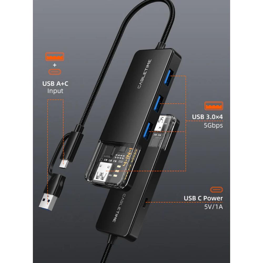 CABLETIME CB03B | USB Type-C to 4-Port USB 3.0 Hub – 5Gbps Data Transfer