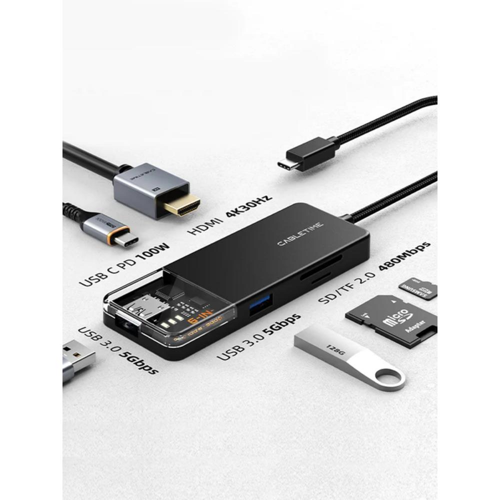 CABLETIME CB04B | 6-in-1 USB Type-C Multiport Hub with 4K HDMI & 100W Power Delivery