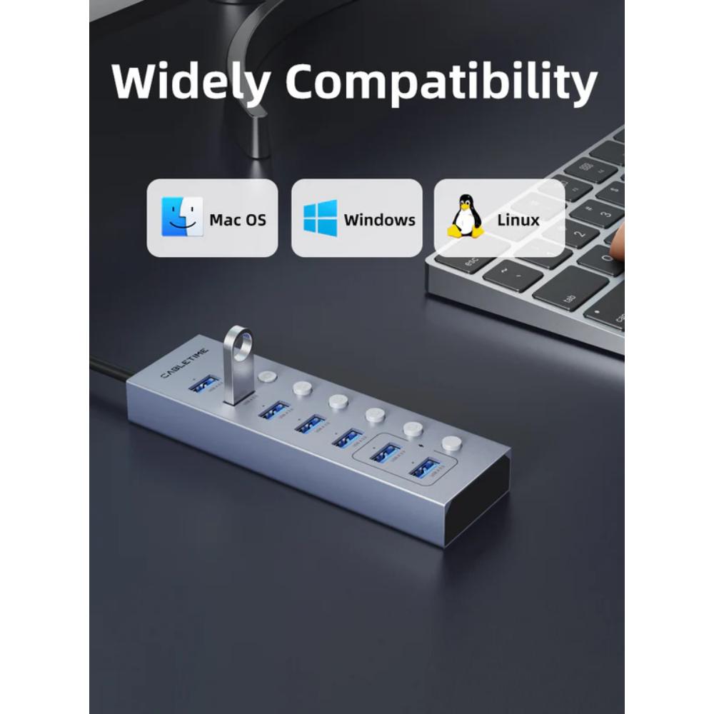 CABLETIME CB47G | 7-Port Powered USB 3.0 Hub Splitter with Long Cable | For Laptops & PCs